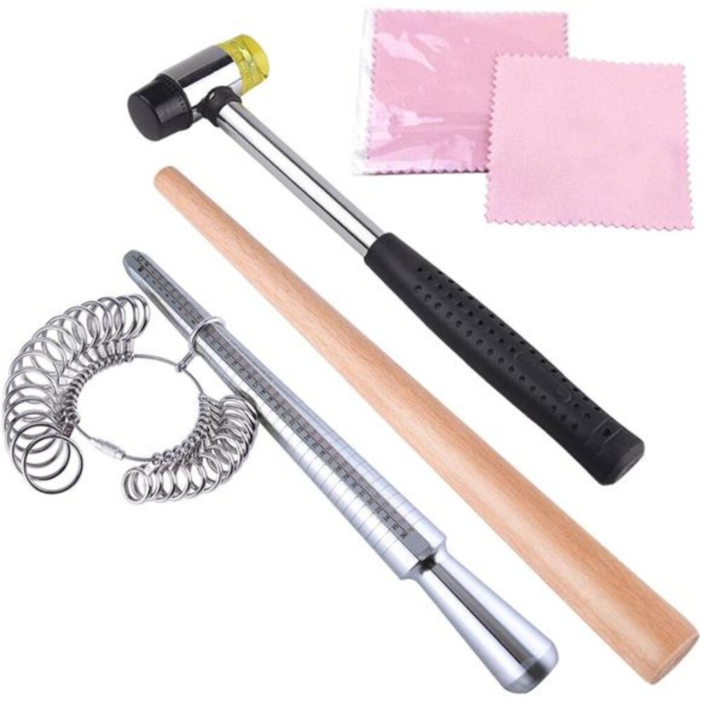 Metal Ring Mandrel Ring Sizer, Ring Sizer Gauge Set, Rubber Hammer Mallet, Wood
